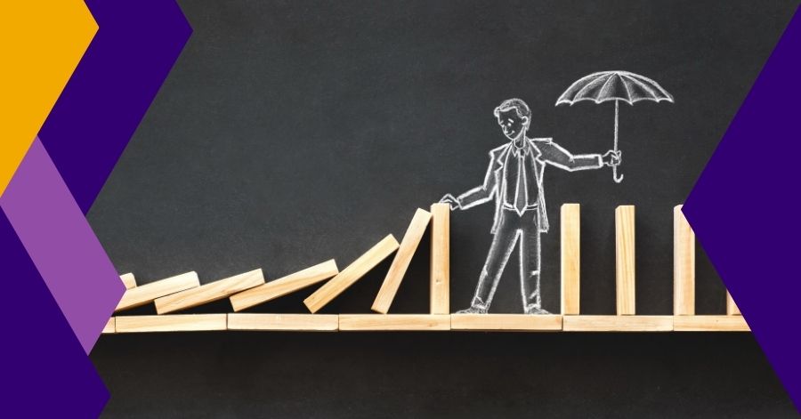 a chalk drawing of a person with an umbrella stopping a row of dominoes from toppling